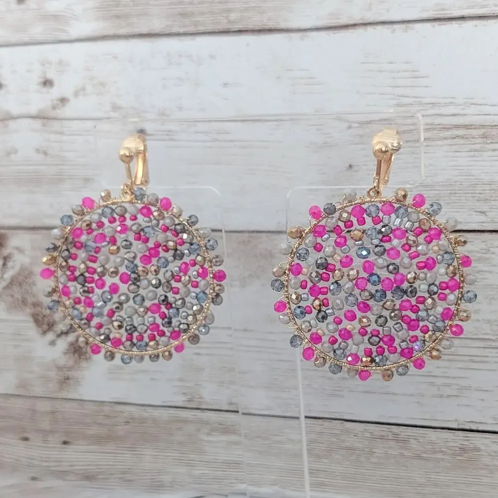 Vintage Clip On Earrings Pink & Purple Tones Extra Large Dangle Really Pretty